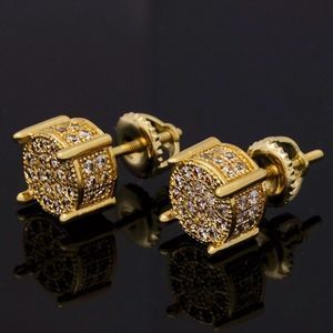 Gold Micro Pave Round Mens Diamond Earrings NEW